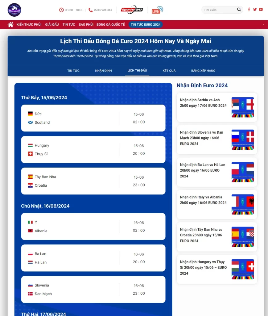 Ưu điểm của việc xem lịch thi đấu EURO 2024 tại bongdaphui.vn